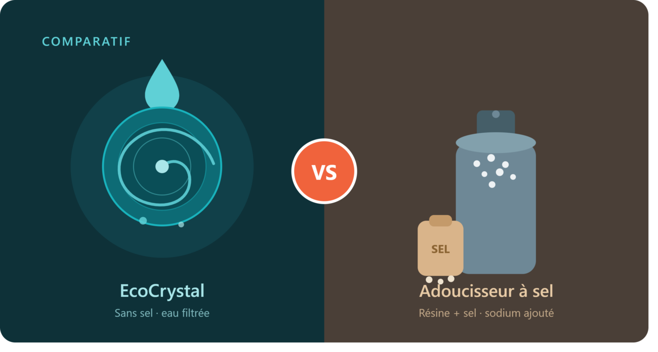 Comparaison EcoCrystal et adoucisseur à sel : filtration physique sans sel avec eau filtrée face à un bac à sel à résine échangeuse d'ions.