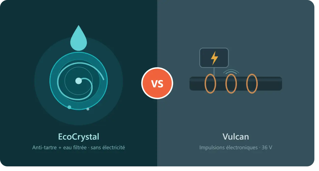 Comparaison EcoCrystal et Vulcan : filtration physique sans électricité contre impulsions électroniques 36 V