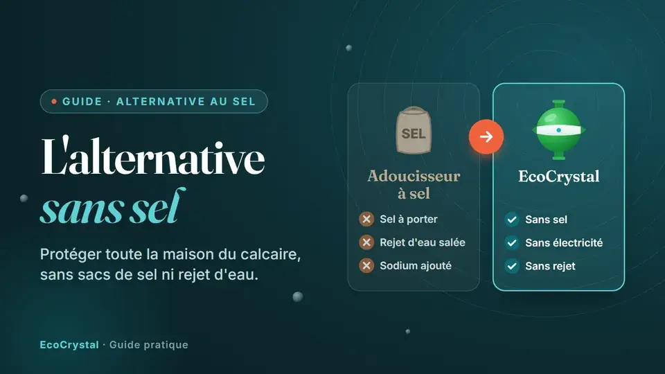 Adoucisseur à sel face à EcoCrystal, l'alternative sans sel : sans sel, sans électricité et sans rejet d'eau